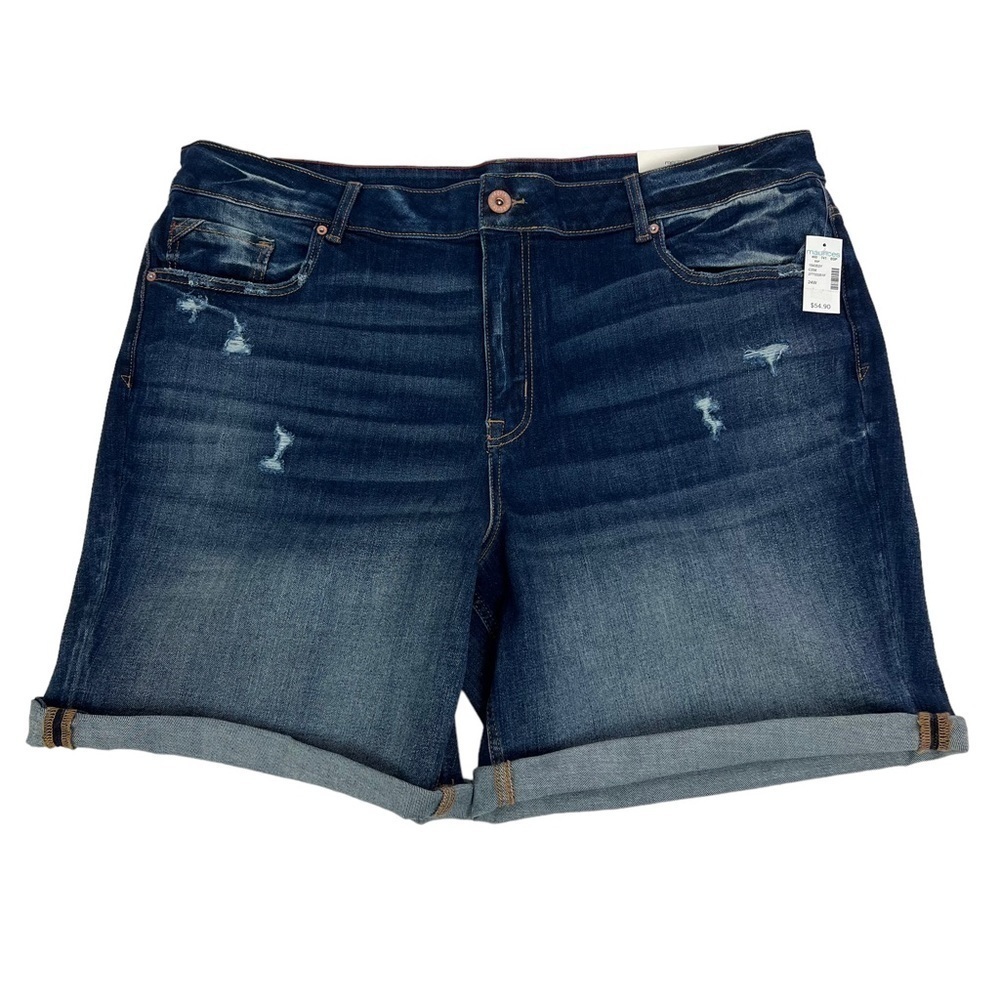 NWT MAURICES edgely Women’s Blue Jean Shorts Sz 24W High Rise Distressed Stretch